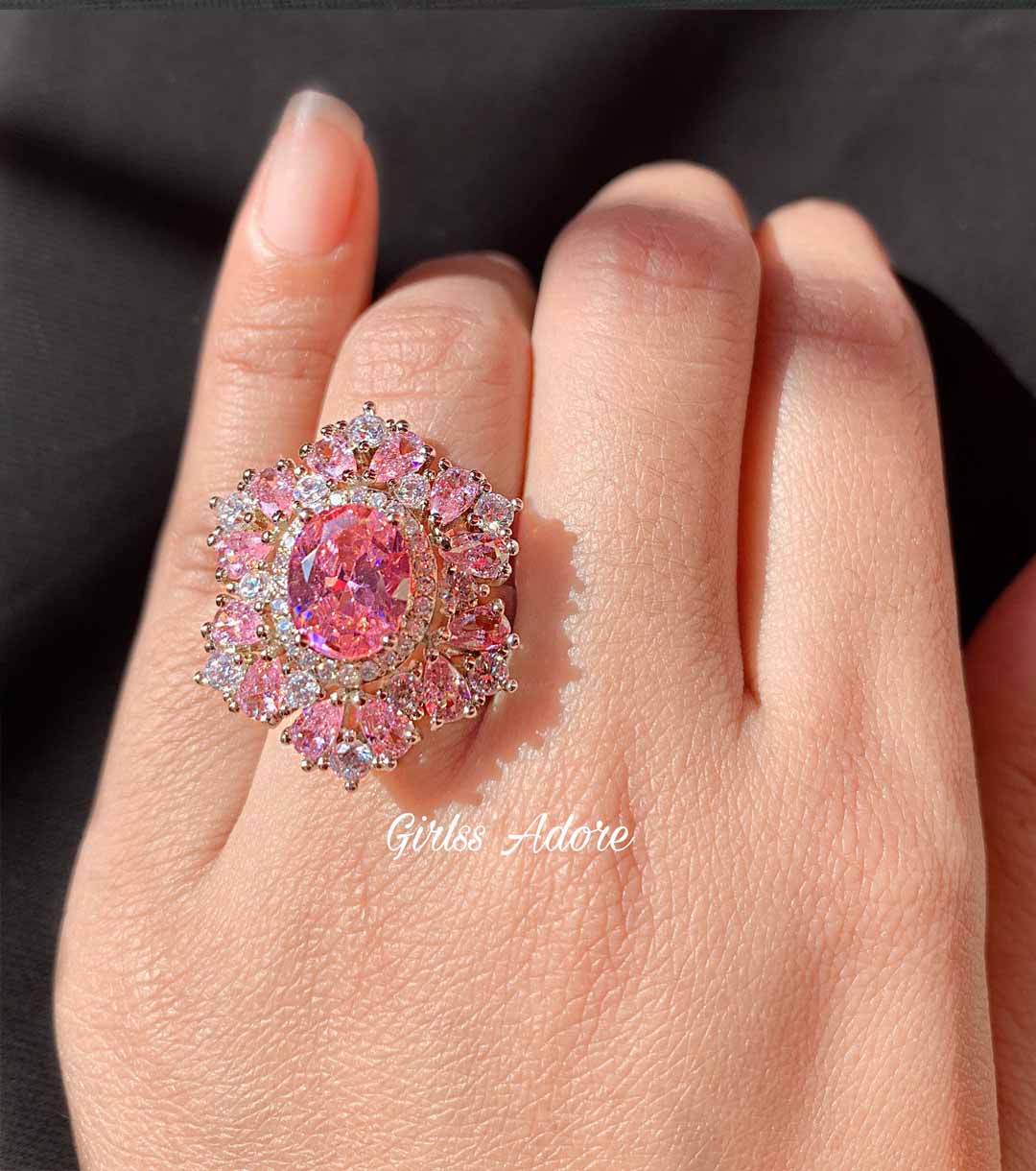 Gar 27 Adjustable Pink Oval Crystal Statement Ring - Image 1