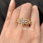 Adjustable Daisy Flower Ring with Pink & Gold Stones