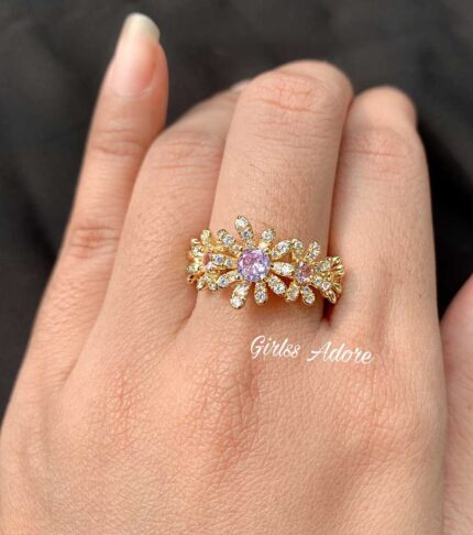 Adjustable Daisy Flower Ring with Pink & Gold Stones