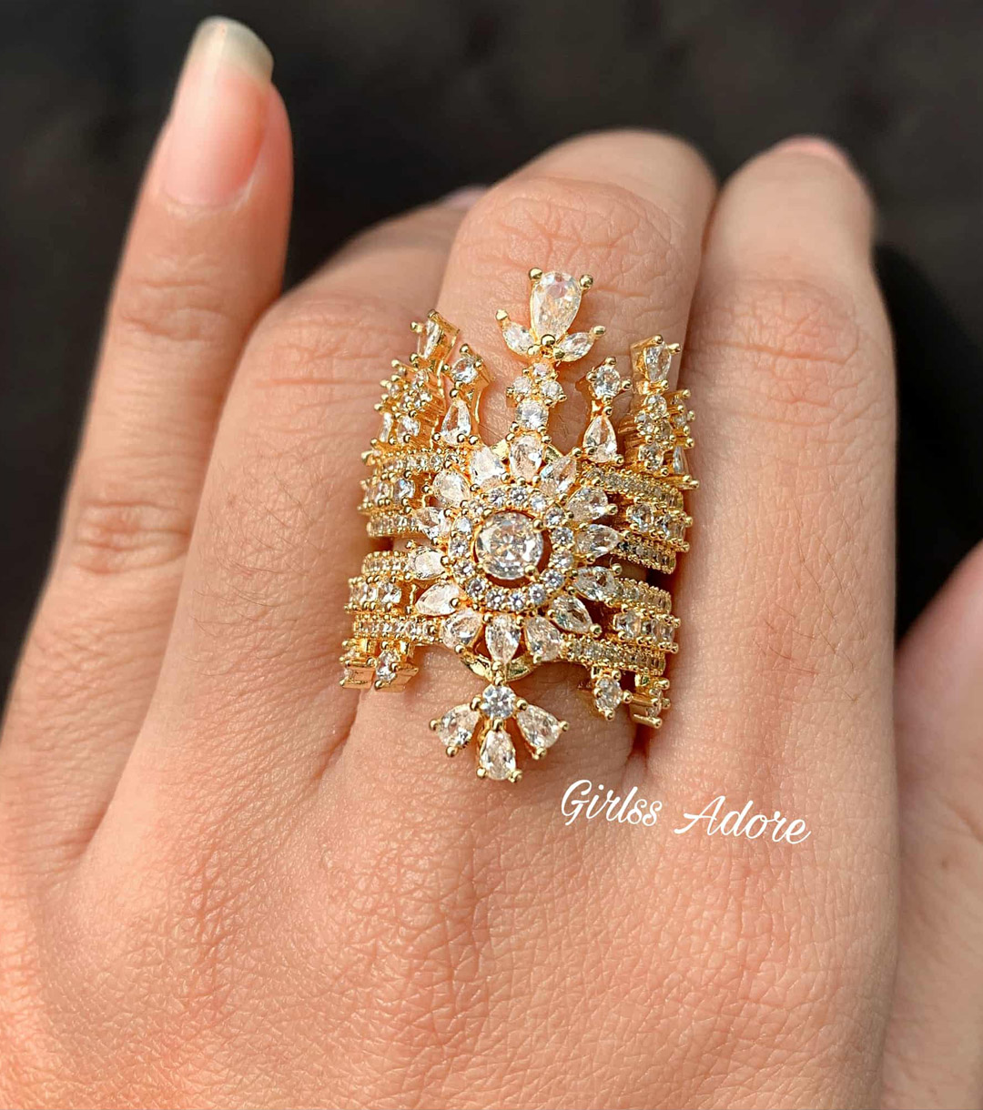 Gar-292 Royal Gold Diamond-Cut Floral Statement Ring - Image 1