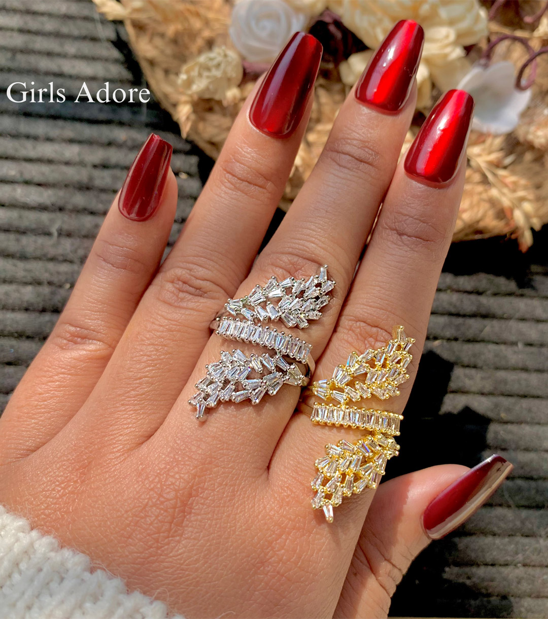 Gar-303 Premium Adjustable Crystal Leaf Ring (Gold/Silver) - Image 1