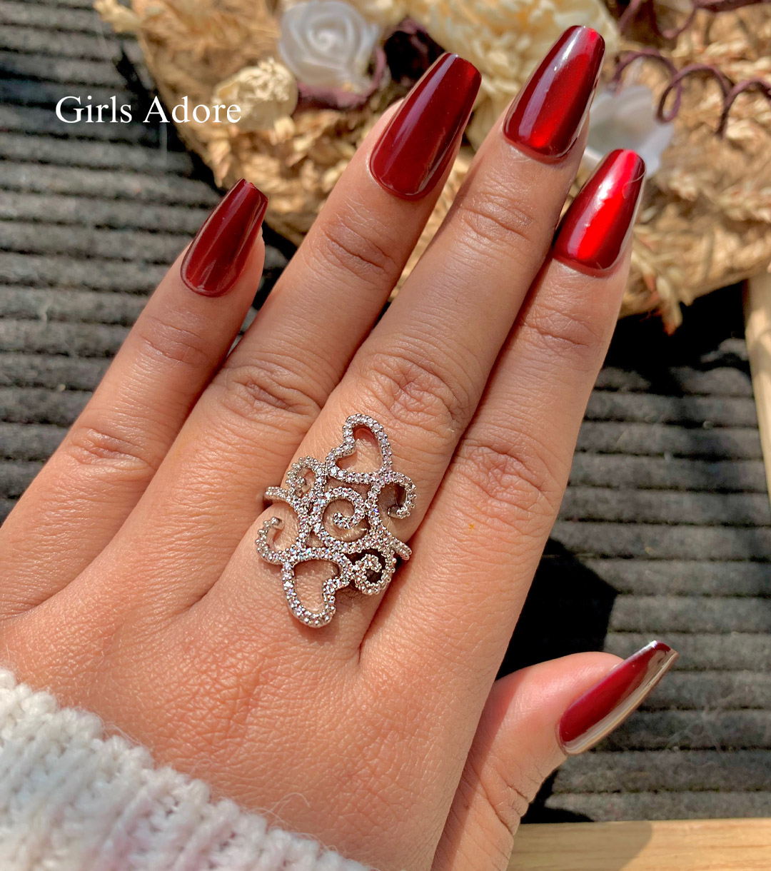 Gar-322 Premium Crystal Heart Swirl Ring (Silver) - Image 1